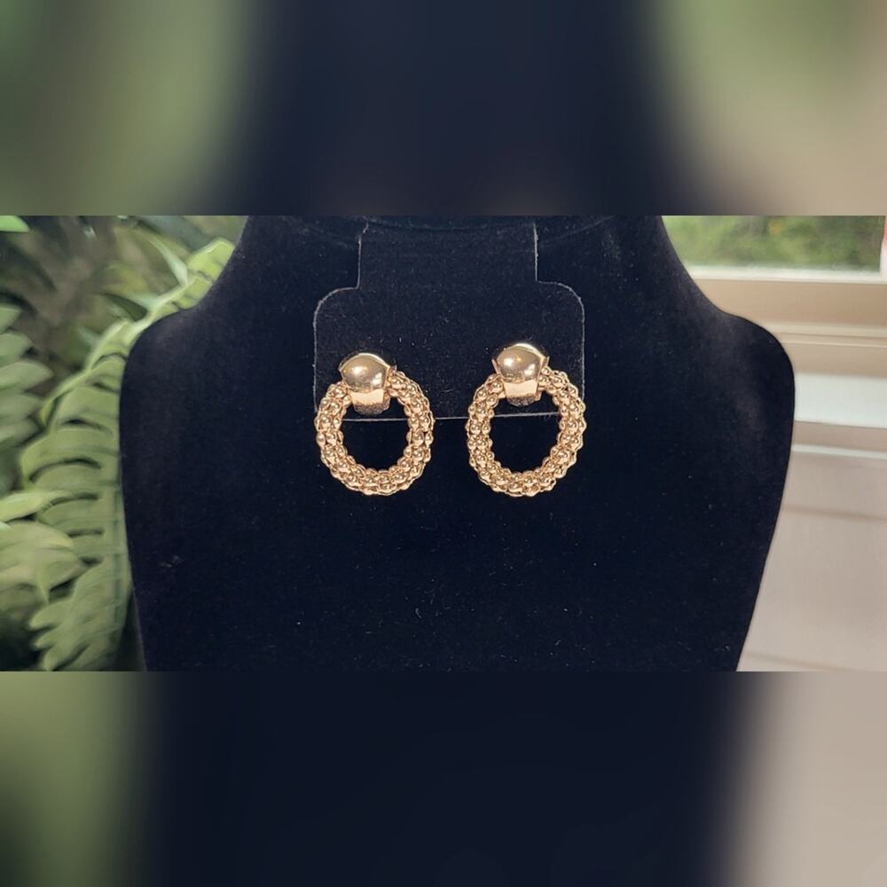 90s Revival Beaded Gold Circle Earrings - Door Knocker Style - Picture 3 of 7